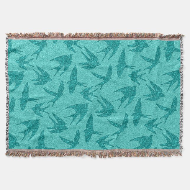 Japanese Swallows in Flight, Turquoise and Aqua Throw Blanket (Front)