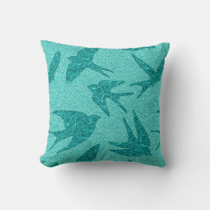 Japanese Swallows in Flight, Turquoise and Aqua Throw Pillow