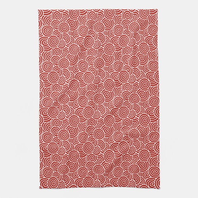 Japanese swirl pattern - deep red and white kitchen towel (Vertical)