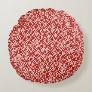 Japanese swirl pattern - deep red and white round pillow