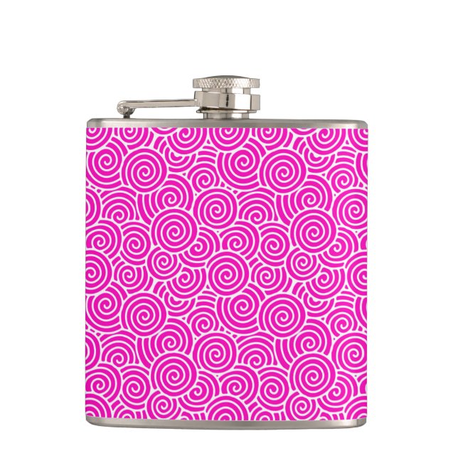 Japanese swirl pattern - fuchsia pink and white hip flask (Front)