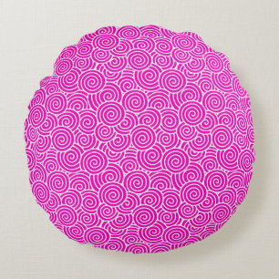 Japanese swirl pattern - fuchsia pink and white round pillow