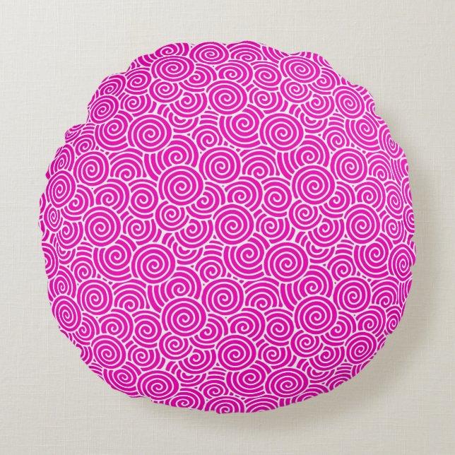 Japanese swirl pattern - fuchsia pink and white round pillow (Front)