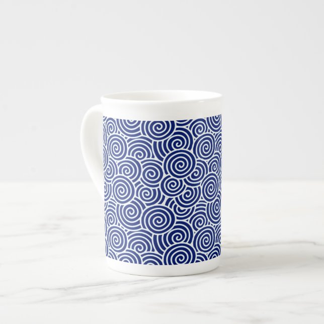 Japanese swirl pattern - navy blue and white bone china mug (Front Left)
