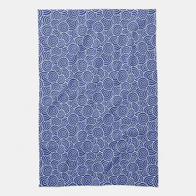 Japanese swirl pattern - navy blue and white kitchen towel (Vertical)