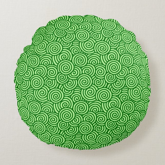 Japanese swirl pattern - pine and lime green round pillow (Front)