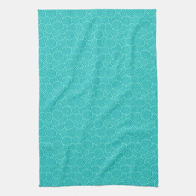 Japanese swirl pattern - turquoise and aqua kitchen towel (Vertical)