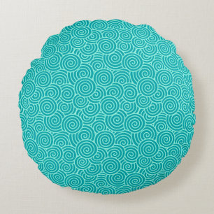 Japanese swirl pattern - turquoise and aqua round pillow