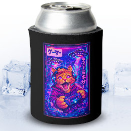 Japanese Synthwave Sci Fi UFO Cat Cool Gamer Can Cooler