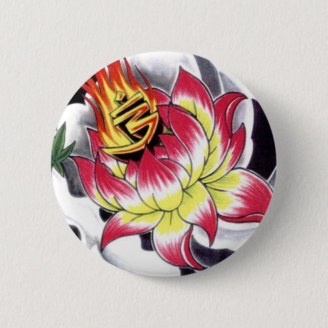 Japanese Tattoo Style Flaming Lotus Flower 2 Inch Round Button (Front)