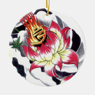 Japanese Tattoo Style Flaming Lotus Flower Ceramic Ornament
