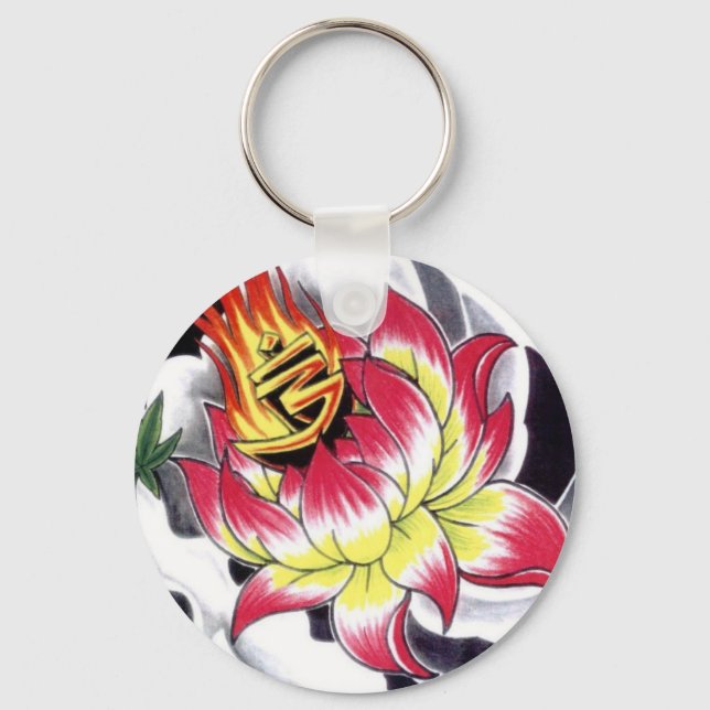 Japanese Tattoo Style Flaming Lotus Flower Keychain (Front)
