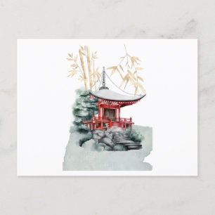 Japanese temple and bamboo gold postcard