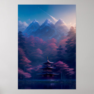 Japanese Temple by the Lake Poster