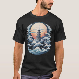 Japanese Temple by the Sea Illustration T-Shirt
