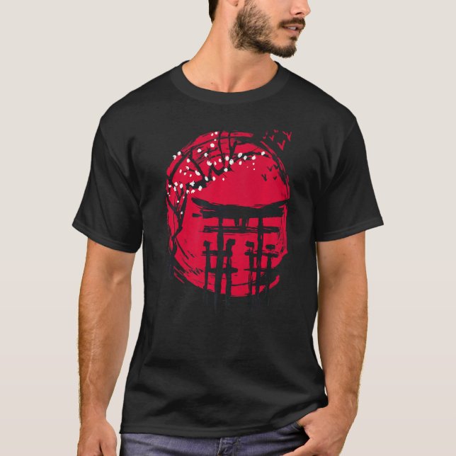 Japanese Temple Characters Red Sun Cherry Blossom T-Shirt (Front)