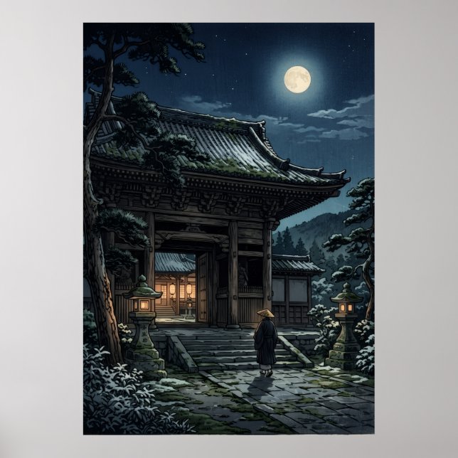 Japanese Temple Gate Full Moon Night Monk Lanterns Poster (Front)