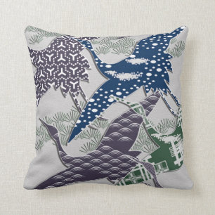 Japanese textile cranes throw pillow