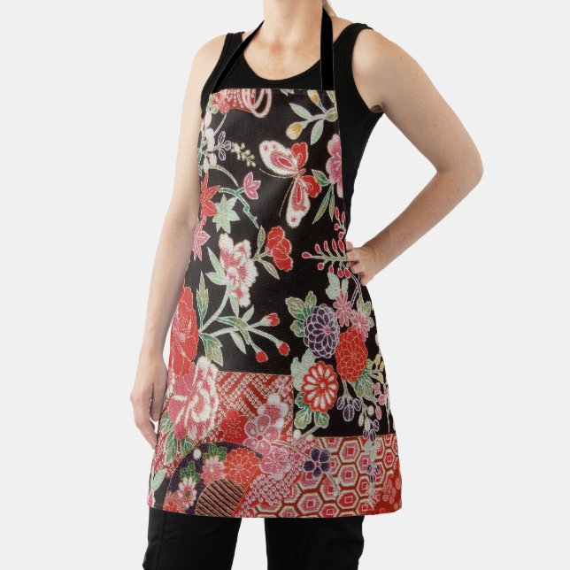 Japanese Textile, Flower and Butterfly Pattern Apron (Insitu)