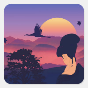 Japanese Theme Geisha Tree And Rising Sun Square Sticker