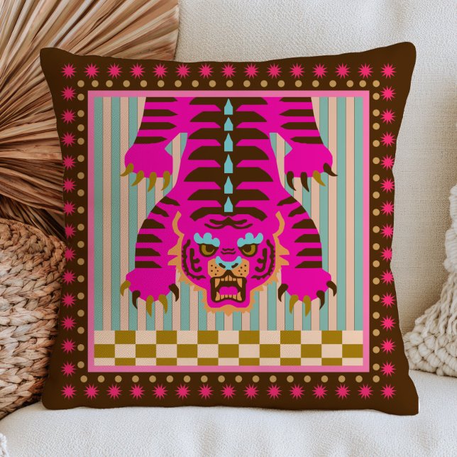 Japanese Tiger on Stripes& Chequered Pattern Funky Throw Pillow (Creator Uploaded)
