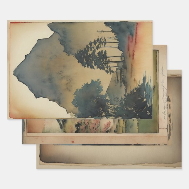 Japanese traditional Landscape Paint ephemera No11 Wrapping Paper Sheet (Set)