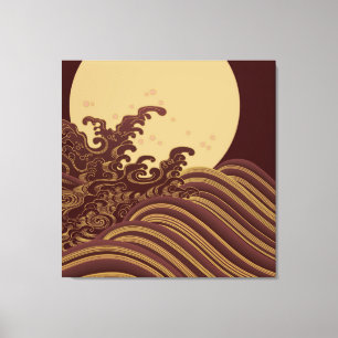 Japanese Traditional Wave and Moon Pattern Canvas Print
