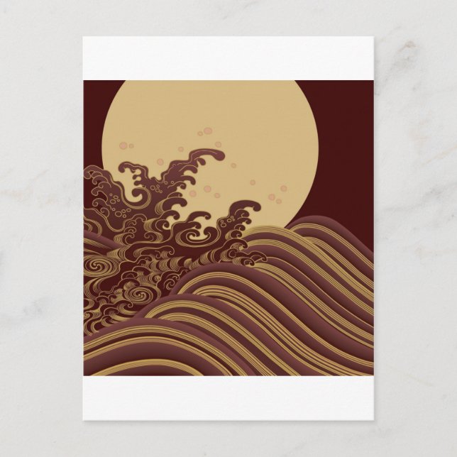 Japanese Traditional Wave and Moon Pattern Postcard (Front)