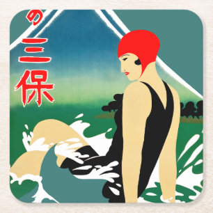 Japanese Travel Tourism Poster 1930s Art Deco Girl Square Paper Coaster