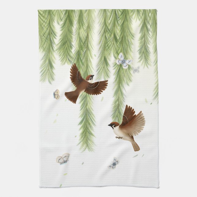 Japanese Tree Sparrows Under a Weeping Willow Kitchen Towel (Vertical)