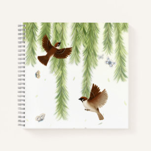 Japanese Tree Sparrows Under a Weeping Willow Notebook