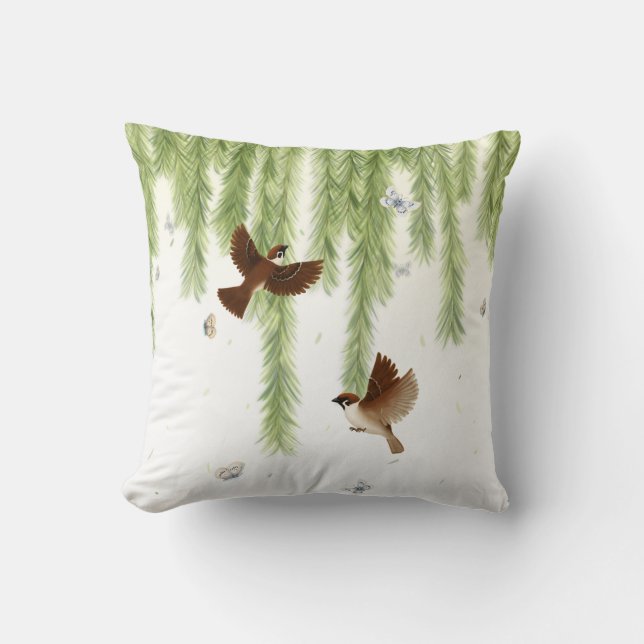 Japanese Tree Sparrows Under a Weeping Willow Throw Pillow (Front)