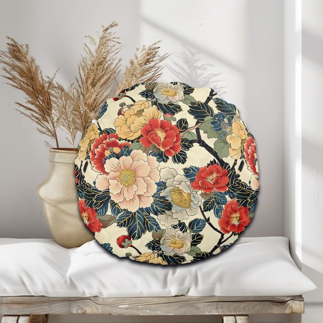 Japanese Ukiyo-E Art Floral Pattern Round Pillow (Creator Uploaded)