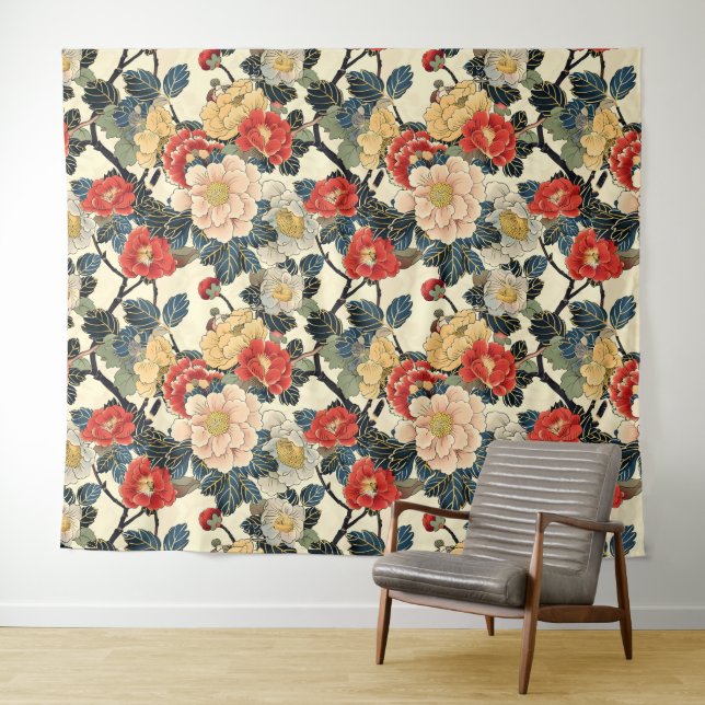 Japanese Ukiyo-E Art Floral Pattern Tapestry (In Situ (Horizontal))