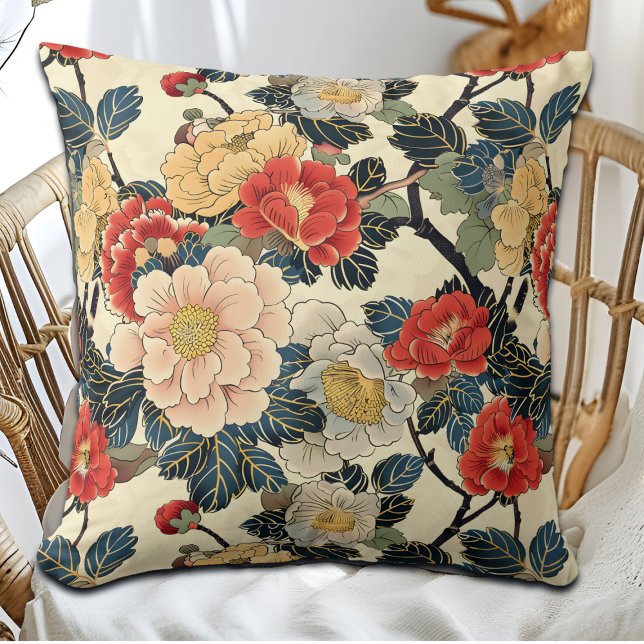 Japanese Ukiyo-E Art Floral Pattern Throw Pillow (Creator Uploaded)