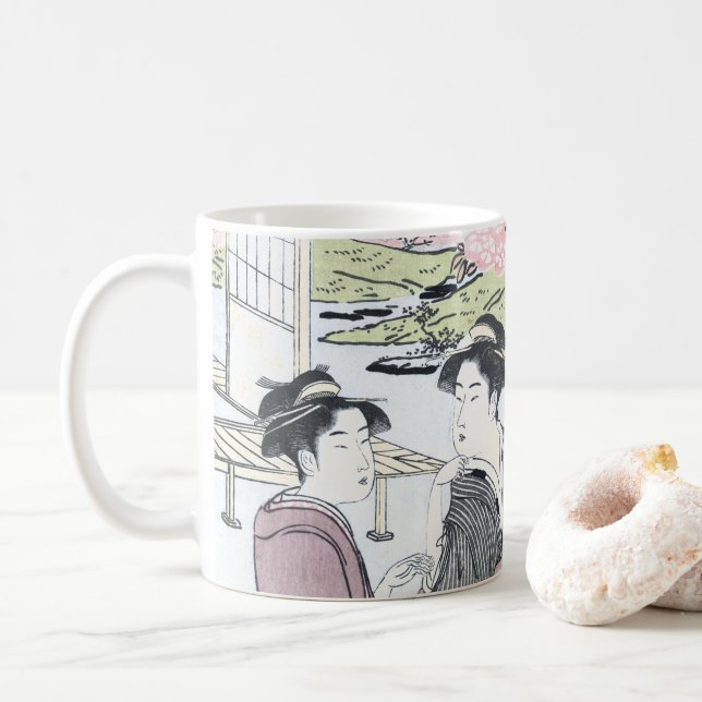 Japanese Ukiyo-e Niwa no hanami by Eishi Coffee Mug (With Donut)