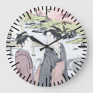 Japanese Ukiyo-e Niwa no hanami by Eishi Large Clock