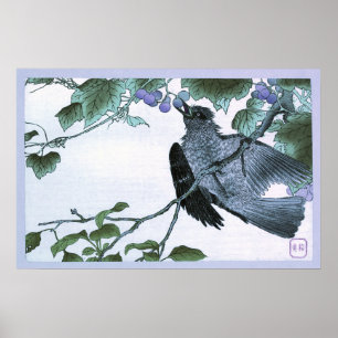 Japanese Ukiyo-e Print of a Bird eating Grapes