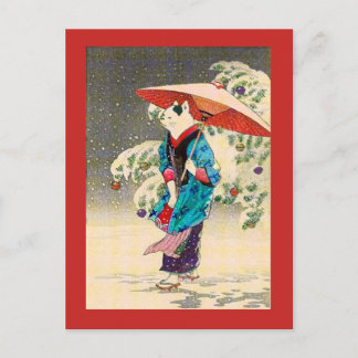 Japanese ukiyoe cat christmas holiday postcard