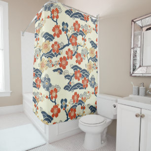 Japanese Ume Plum Blossoms Navy Wave Cream