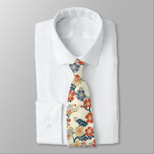 Japanese Ume Plum Blossoms Navy Wave Cream Tie