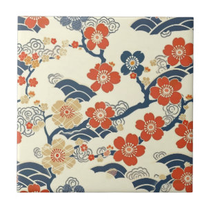 Japanese Ume Plum Blossoms Navy Wave Cream Tile