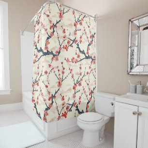 Japanese Ume Red Coral Blossom Ivory Wave Pattern