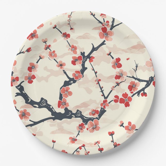 Japanese Ume Red Coral Blossom Ivory Wave Pattern Paper Plate (Front)