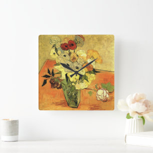 Japanese Vase, Roses, Anemones by Vincent van Gogh Square Wall Clock