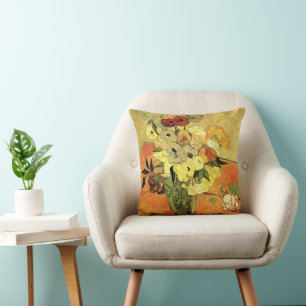 Japanese Vase, Roses, Anemones by Vincent van Gogh Throw Pillow