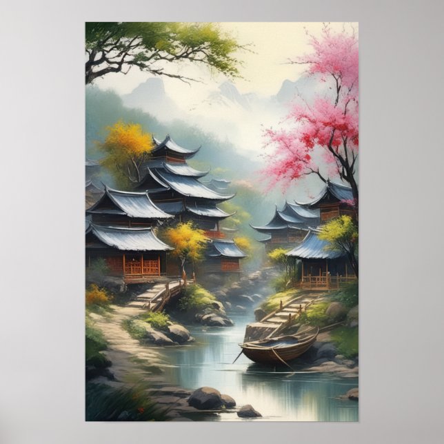 Japanese Village in the Misty Valley Poster (Front)