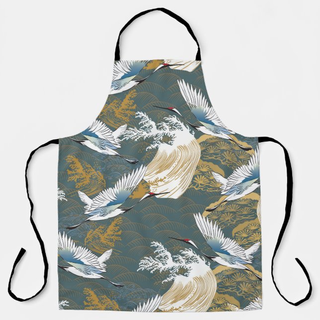 Japanese Vintage Crane Birds Pattern Apron (Front)