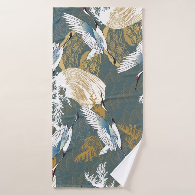 Japanese Vintage Crane Birds Pattern Bath Towel (Bath Towel)