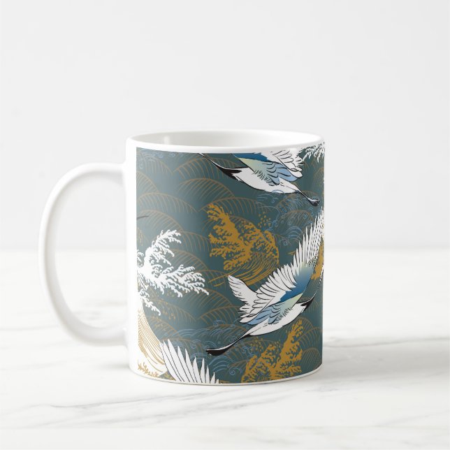 Japanese Vintage Crane Birds Pattern Coffee Mug (Left)